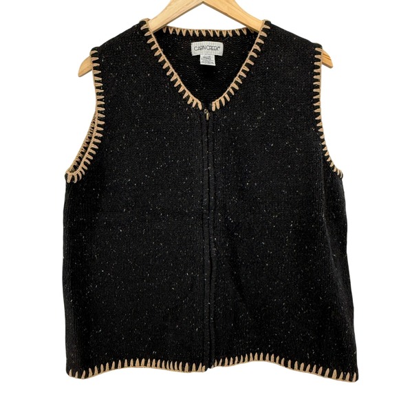 Cabin Creek Vest Womens Large Black Tan‎ Trim Speckled Knit Zip Up Ramie Warm - Picture 7 of 12